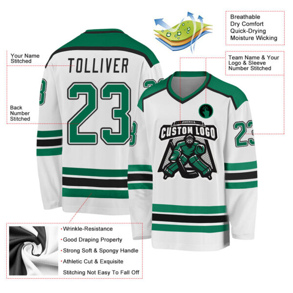 Custom White Kelly Green-Black Hockey Jersey - Image 3
