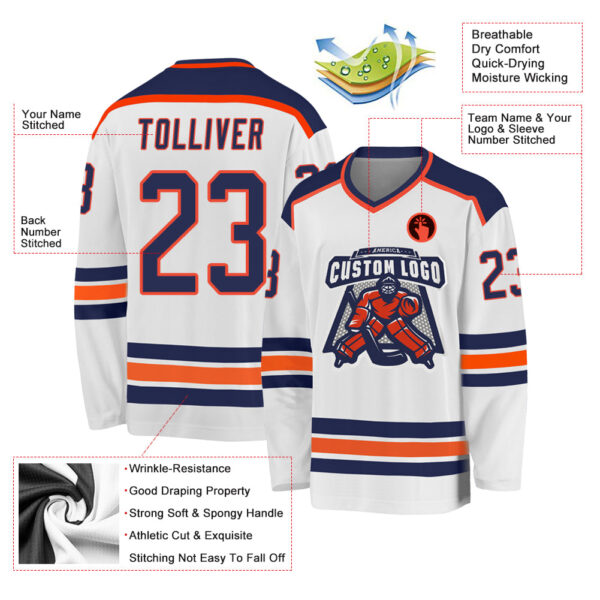 Custom White Navy-Orange Hockey Jersey - Image 3