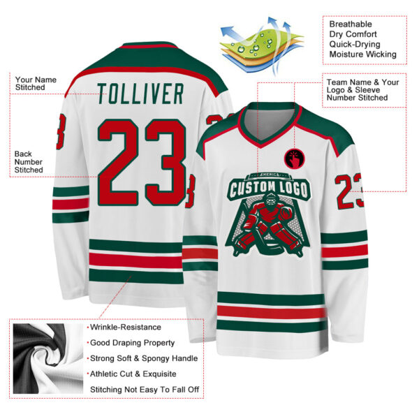 Custom White Red-Green Hockey Jersey - Image 3