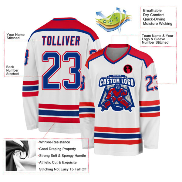 Custom White Royal-Red Hockey Jersey - Image 3