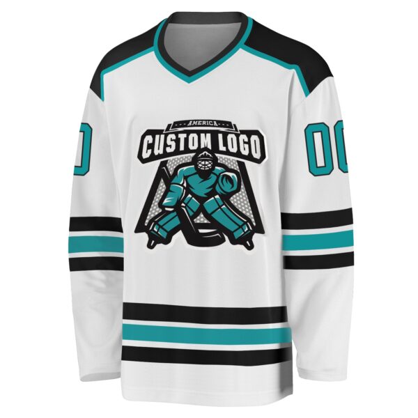 Custom White Aqua-Black Hockey Jersey - Image 2
