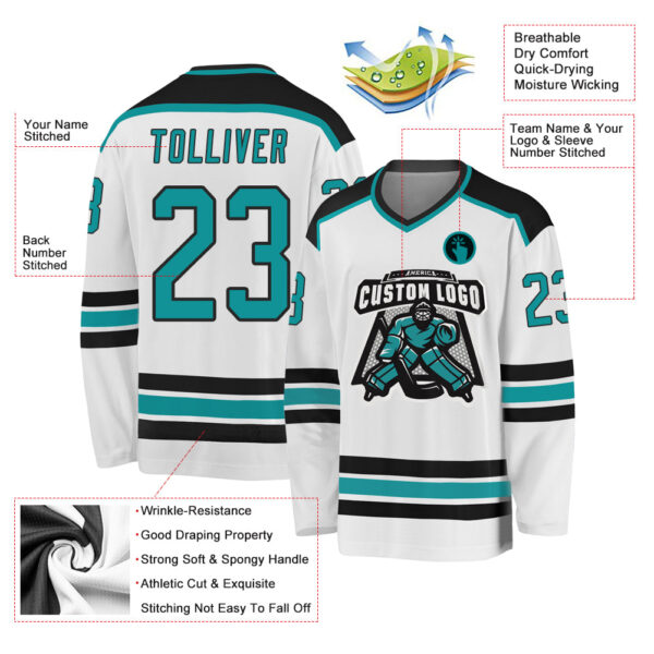 Custom White Aqua-Black Hockey Jersey - Image 3
