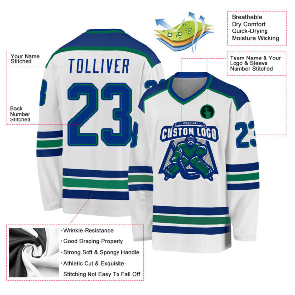 Custom White Royal-Kelly Green Hockey Jersey - Image 3