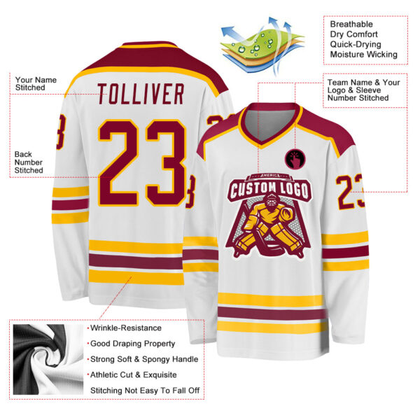 Custom White Maroon-Gold Hockey Jersey - Image 3