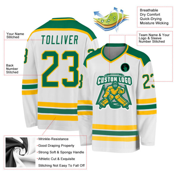 Custom White Kelly Green-Gold Hockey Jersey - Image 3