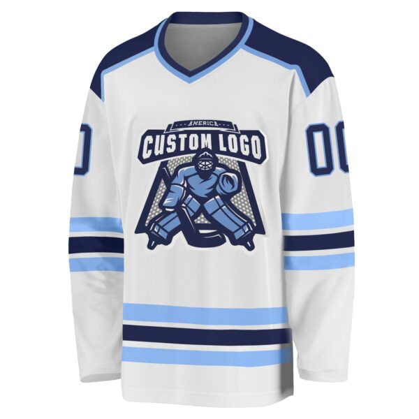 Custom White Navy-Light Blue Hockey Jersey - Image 2