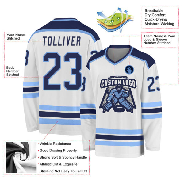 Custom White Navy-Light Blue Hockey Jersey - Image 3