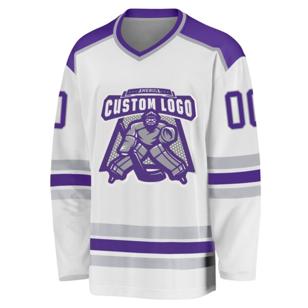 Custom White Purple-Gray Hockey Jersey - Image 2