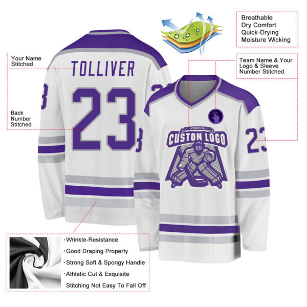Custom White Purple-Gray Hockey Jersey - Image 3