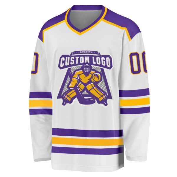 Custom White Purple-Gold Hockey Jersey - Image 2