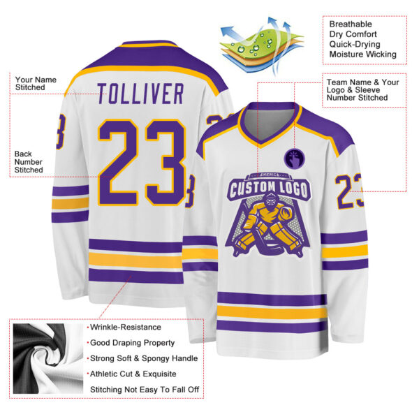 Custom White Purple-Gold Hockey Jersey - Image 3