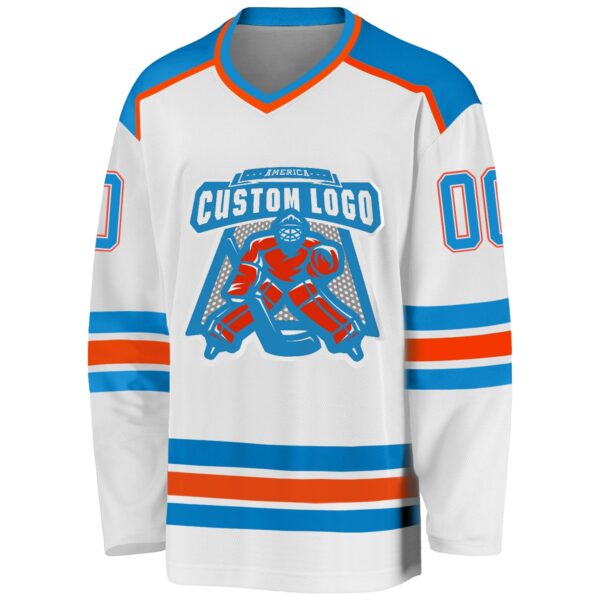 Custom White Blue-Orange Hockey Jersey - Image 2