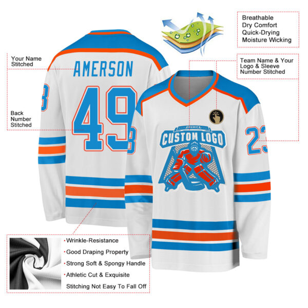 Custom White Blue-Orange Hockey Jersey - Image 3