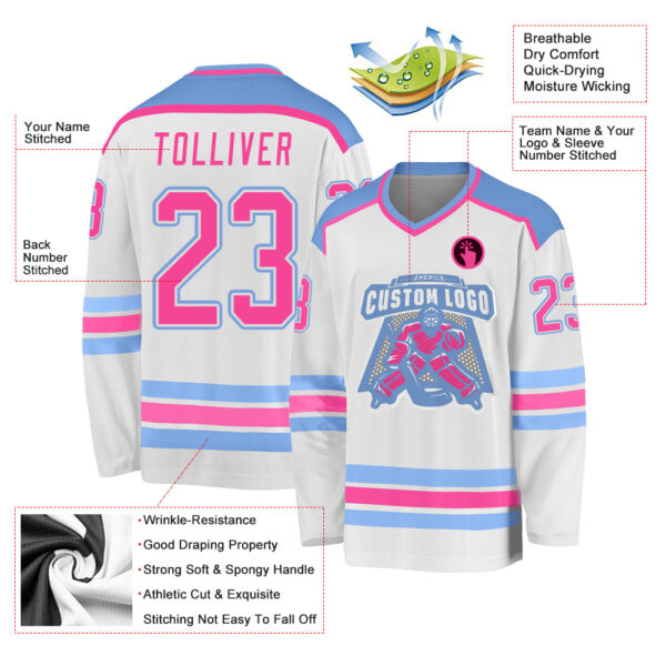 Custom White Pink-Light Blue Hockey Jersey - Image 3