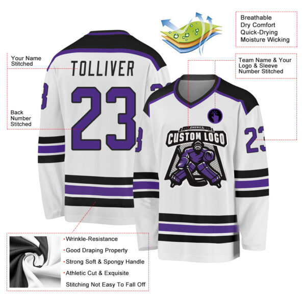 Custom White Purple-Black Hockey Jersey - Image 3