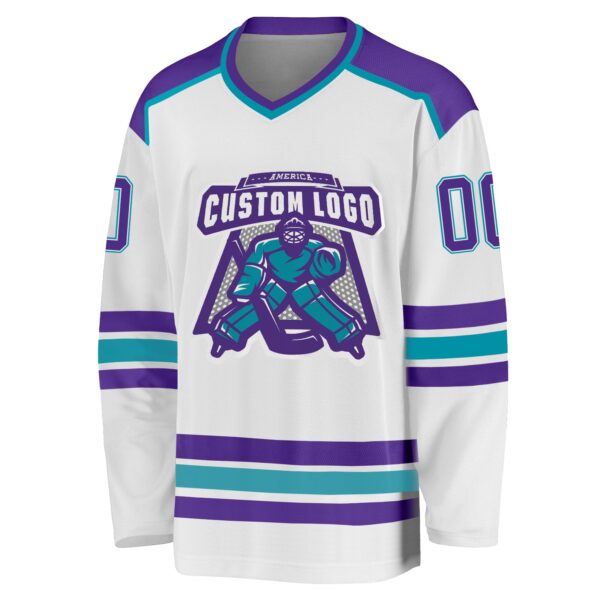 Custom White Purple-Teal Hockey Jersey - Image 2