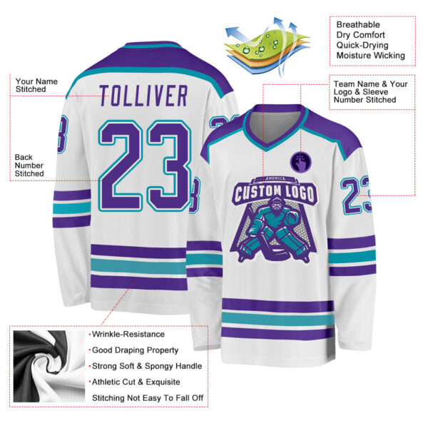 Custom White Purple-Teal Hockey Jersey - Image 3