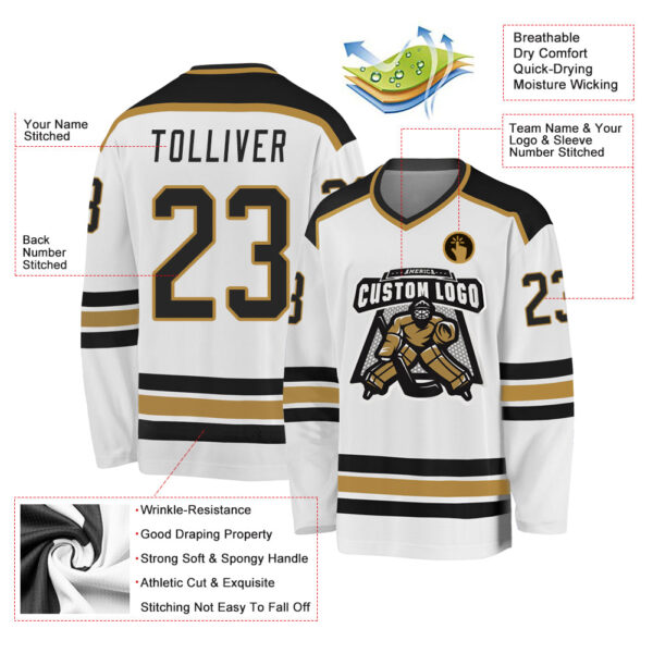 Custom White Black-Old Gold Hockey Jersey - Image 3