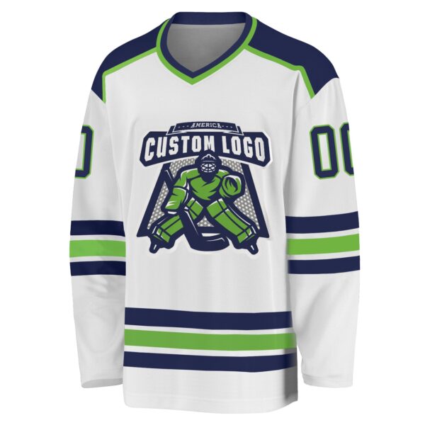 Custom White Navy-Neon Green Hockey Jersey - Image 2