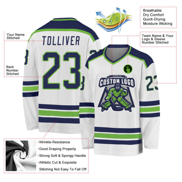 Custom White Navy-Neon Green Hockey Jersey - Image 3