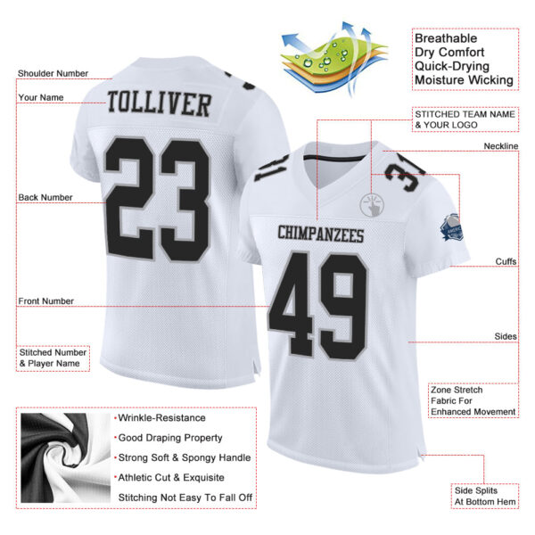 Custom White Black-Gray Mesh Authentic Football Jersey - Image 2