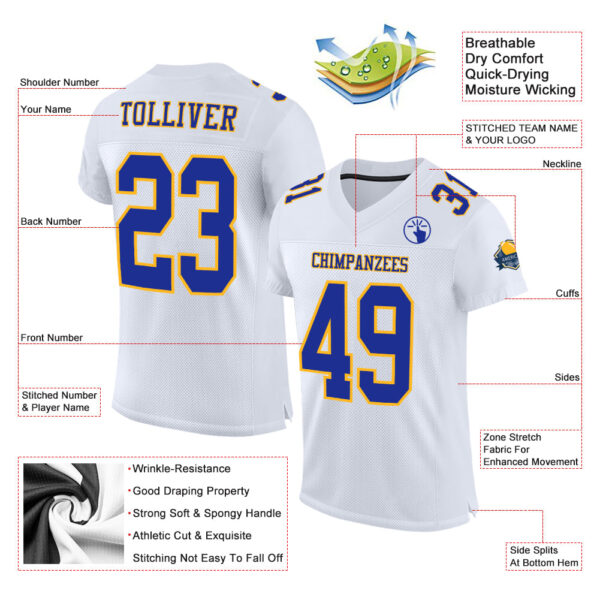 Custom White Royal-Gold Mesh Authentic Football Jersey - Image 2