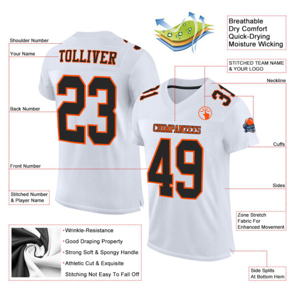 Custom White Black-Orange Mesh Authentic Football Jersey - Image 2