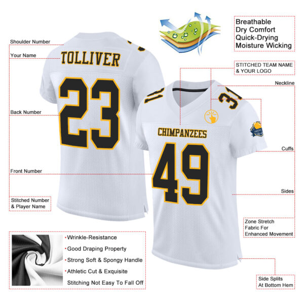 Custom White Black-Gold Mesh Authentic Football Jersey - Image 2