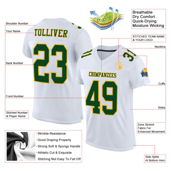 Custom White Green-Gold Mesh Authentic Football Jersey - Image 2