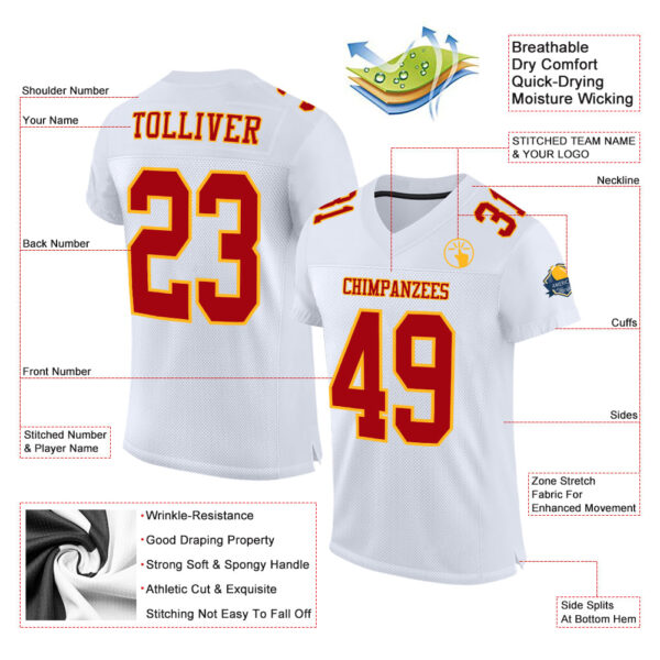 Custom White Red-Gold Mesh Authentic Football Jersey - Image 2