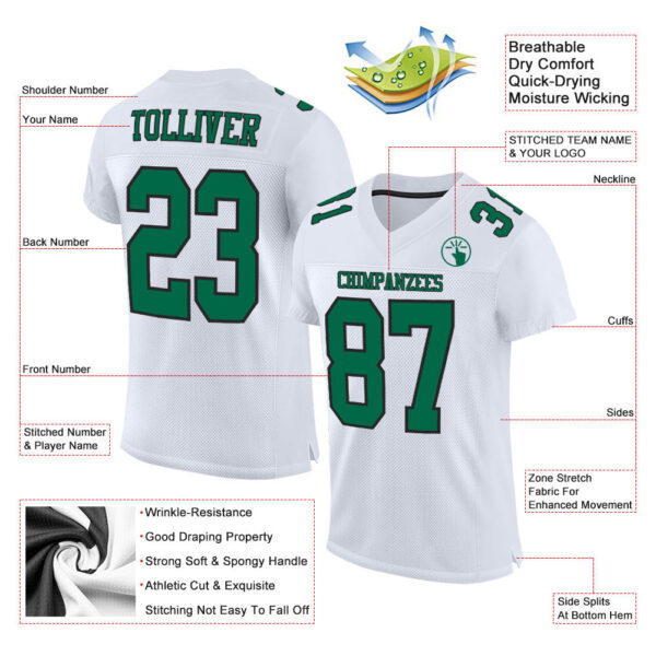 Custom White Kelly Green-Black Mesh Authentic Football Jersey - Image 2