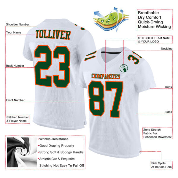Custom White Green-Orange Mesh Authentic Football Jersey - Image 2