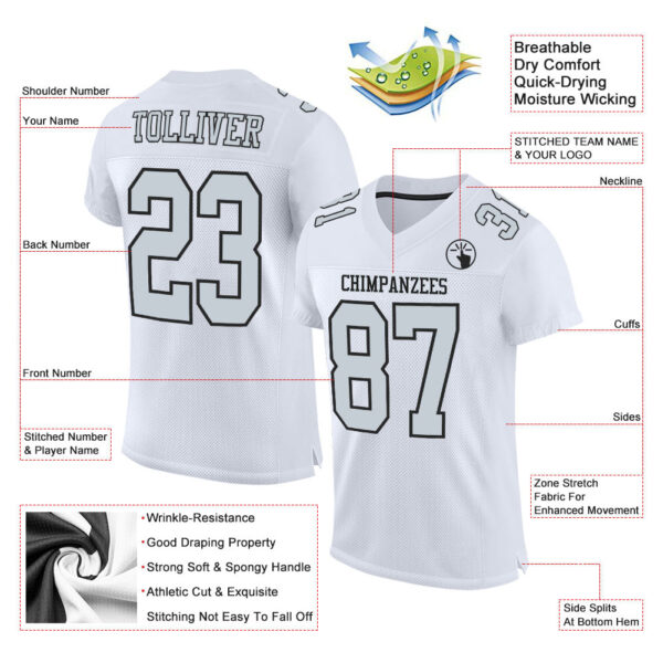 Custom White Silver-Black Mesh Authentic Football Jersey - Image 2