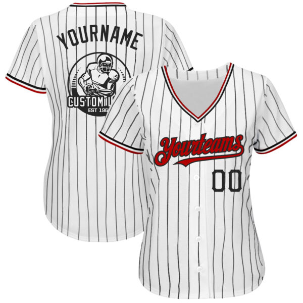 Custom White Black Pinstripe Red Authentic Baseball Jersey - Image 2