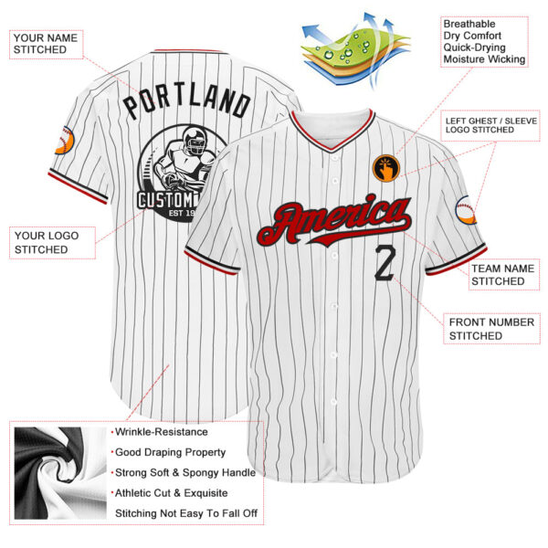 Custom White Black Pinstripe Red Authentic Baseball Jersey - Image 3