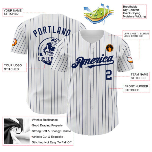 Custom White Navy Pinstripe Navy Authentic Baseball Jersey - Image 3