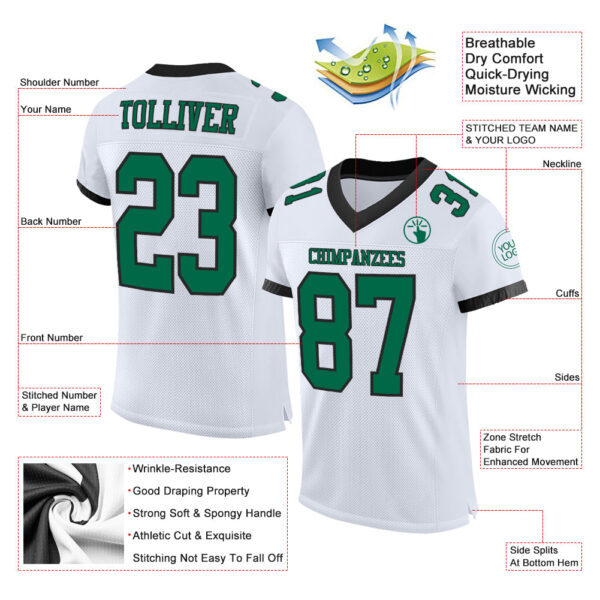 Custom White Kelly Green-Black Mesh Authentic Football Jersey - Image 2