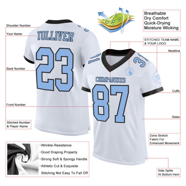 Custom White Light Blue-Black Mesh Authentic Football Jersey - Image 2
