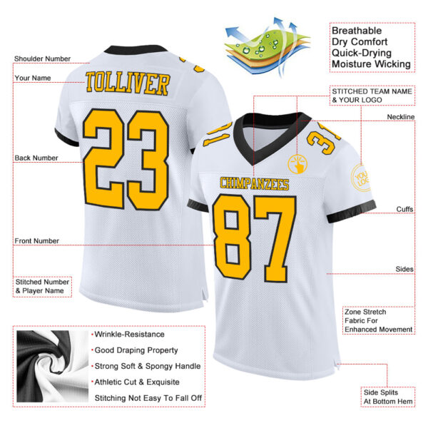 Custom White Gold-Black Mesh Authentic Football Jersey - Image 2