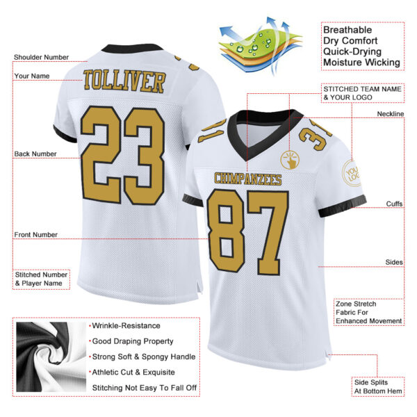 Custom White Old Gold-Black Mesh Authentic Football Jersey - Image 2