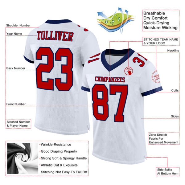 Custom White Red-Navy Mesh Authentic Football Jersey - Image 3