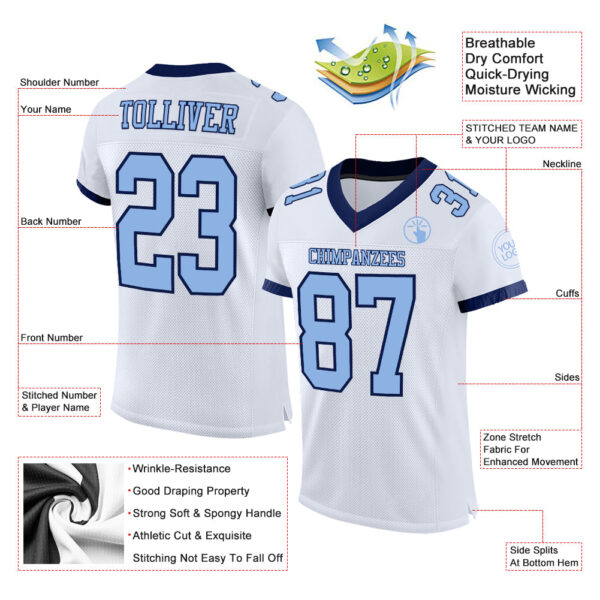 Custom White Light Blue-Navy Mesh Authentic Football Jersey - Image 2