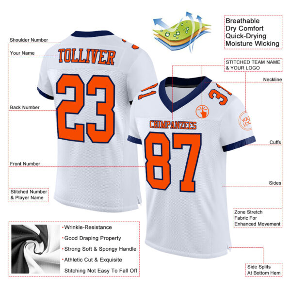 Custom White Orange-Navy Mesh Authentic Football Jersey - Image 2