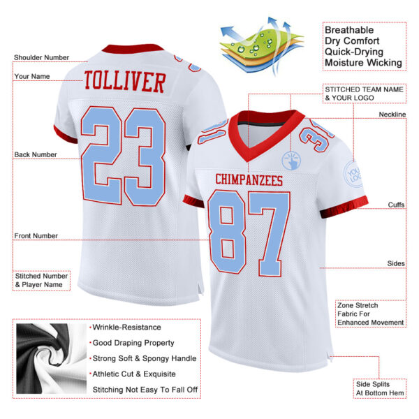 Custom White Light Blue-Red Mesh Authentic Football Jersey - Image 2