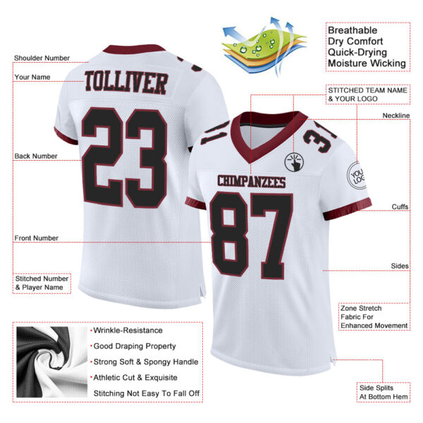 Custom White Black-Burgundy Mesh Authentic Football Jersey - Image 2