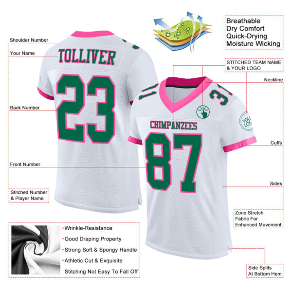 Custom White Kelly Green-Pink Mesh Authentic Football Jersey - Image 2