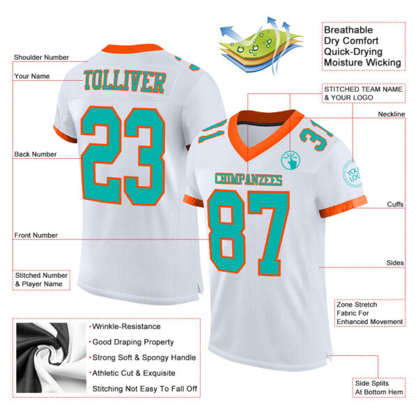 Custom White Aqua-Orange Mesh Authentic Football Jersey - Image 2