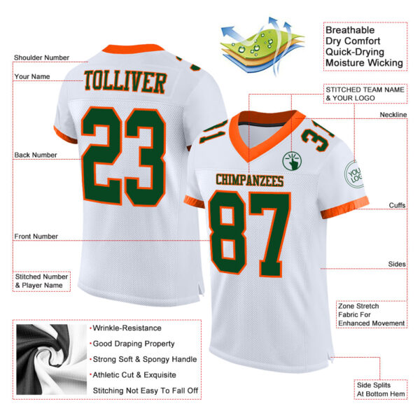 Custom White Green-Orange Mesh Authentic Football Jersey - Image 2
