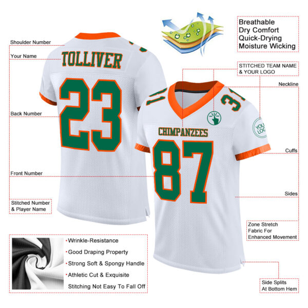 Custom White Kelly Green-Orange Mesh Authentic Football Jersey - Image 3