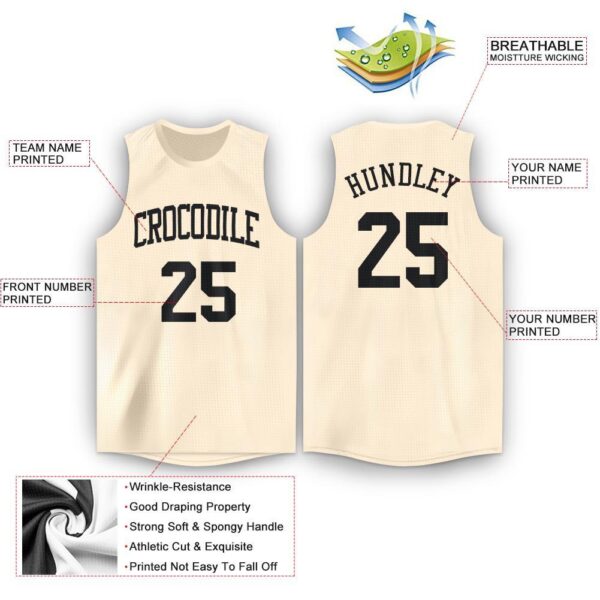 Custom Cream Black Round Neck Basketball Jersey - Image 2